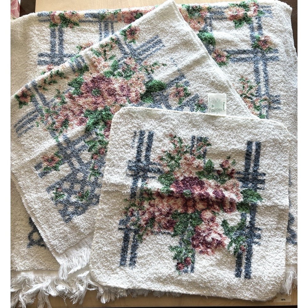 Vintage 80s Franco Towel Set Bath Hand Washcloth Pink Blue Lattice Floral